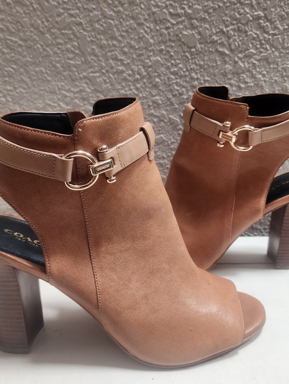 COACH Lafayette Tan Brown Leather Peep Toe Block Heel Bootie, Toast Sz 10 B